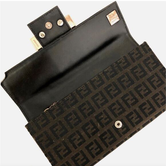 Authentic FENDI Zuccino Canvas Leather Long Bifold Wallet Gold Toned Hardware - Picture 5 of 7